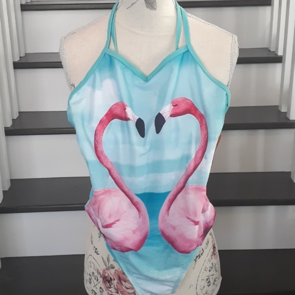+ Gymboree blue one-piece bathing suit w flamingos